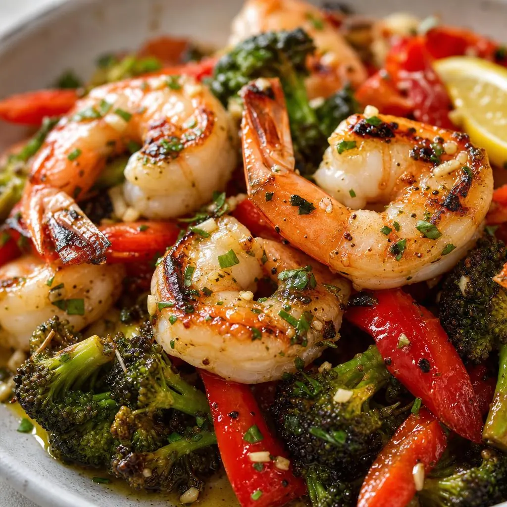Sheet Pan Garlic Shrimp & Vegetables close up